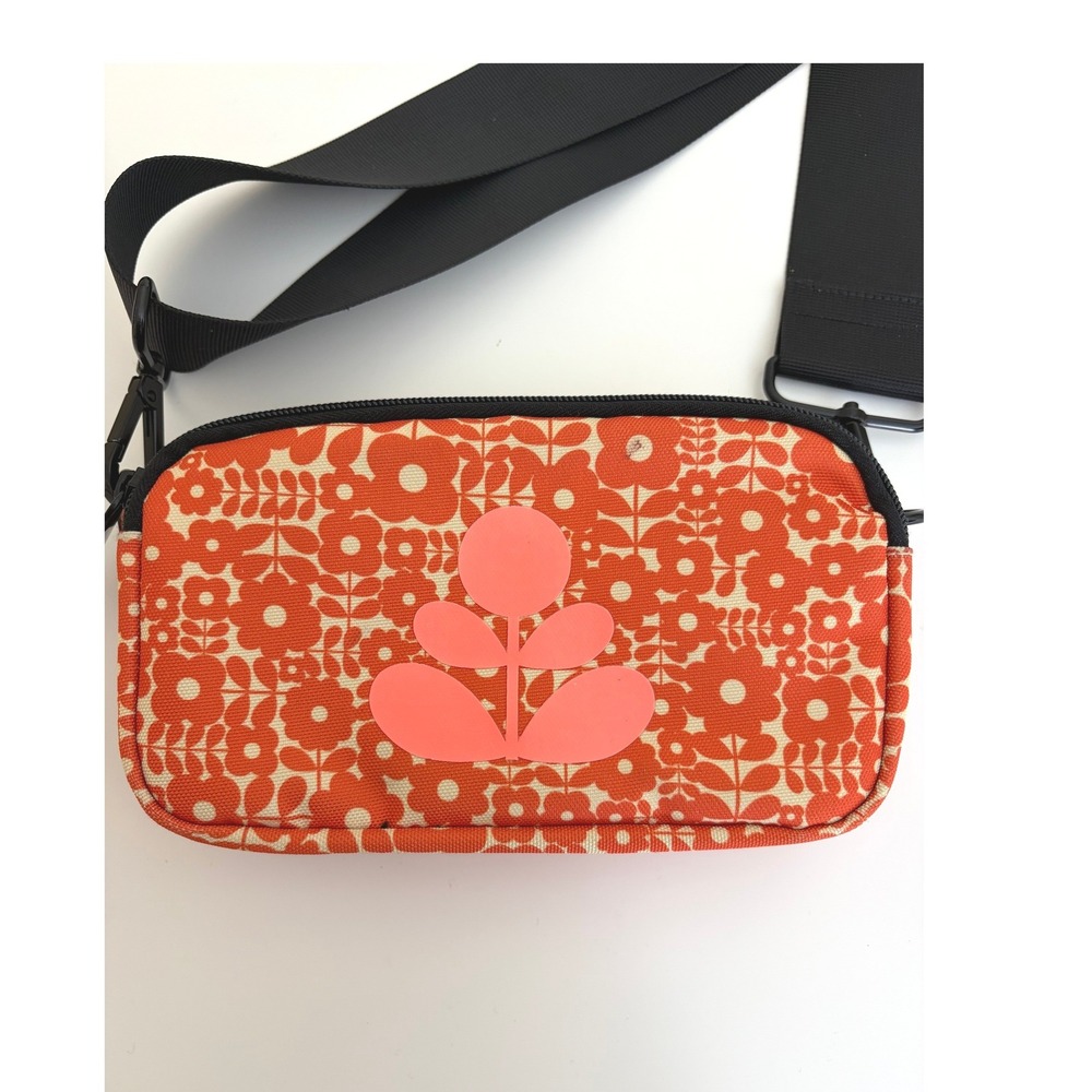Orla Kiely Tripod Crossbody Bag Orange Floral Triple Zip Retro Mod